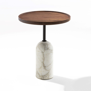 CoTa-0012, Pump shape small side table，cylindrical marble base and black matt metal & Solid wood veneer desktop